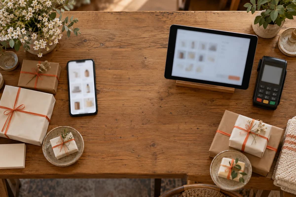 One shop counter with a phone for the online store, a tablet till and a card terminal